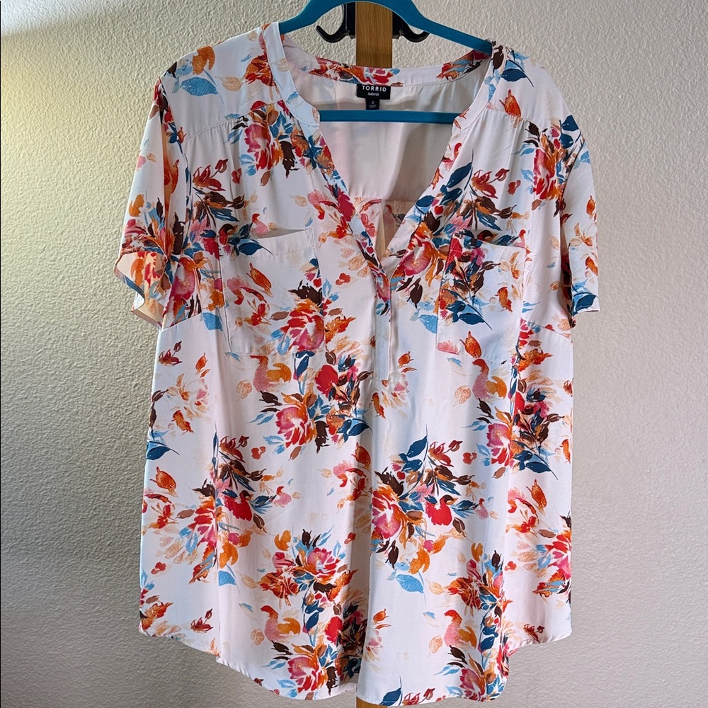 Torrid V-Neck Floral Blouse - White with Multicolor Accents